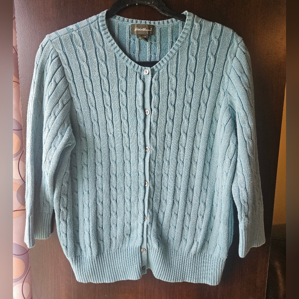 Eddie Bauer Light Blue Cable Knit Cardigan Size XL